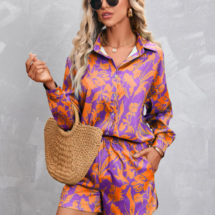 Women's Casual Fashion Long Sleeve Shorts Solid Color/Print Suit