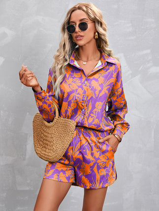 Women's Casual Fashion Long Sleeve Shorts Solid Color/Print Suit