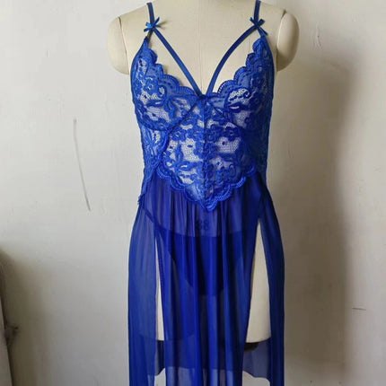 New sexy mesh see-through lace embroidered suspender nightgown slit long skirt suit