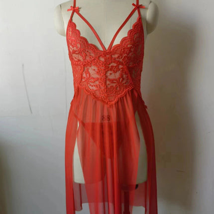 New sexy mesh see-through lace embroidered suspender nightgown slit long skirt suit