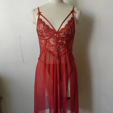 New sexy mesh see-through lace embroidered suspender nightgown slit long skirt suit