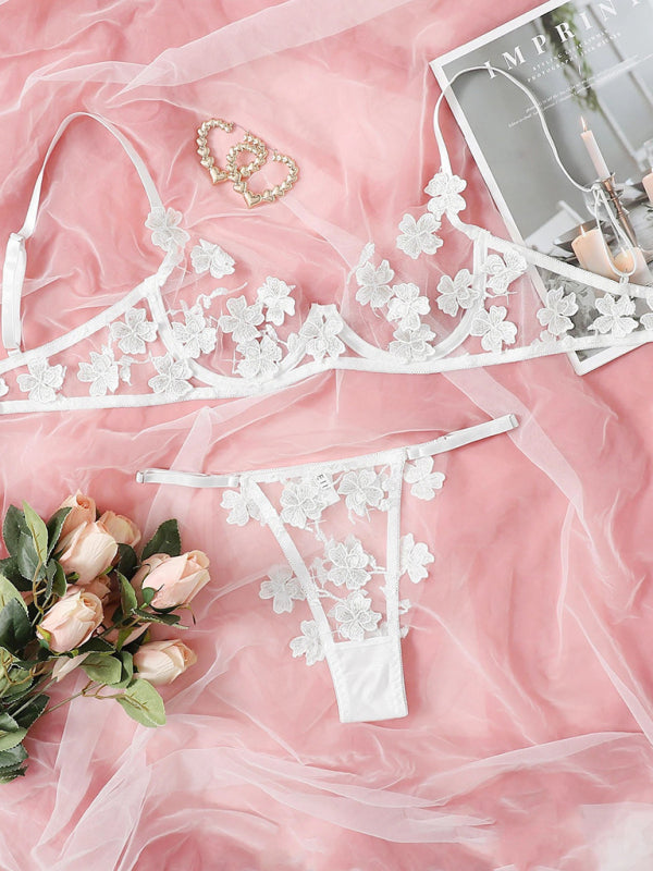 New sexy and sweet mesh embroidered flower appliqué bra set