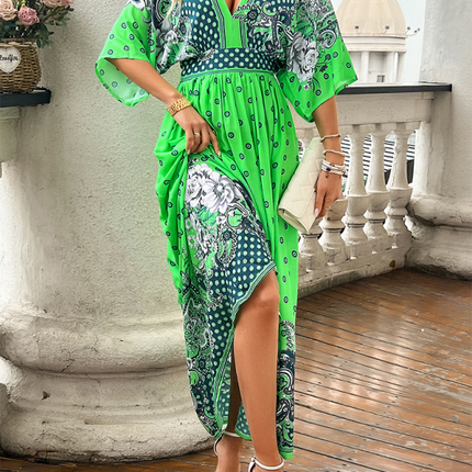 Spring and summer casual holiday printed V-neck long skirt