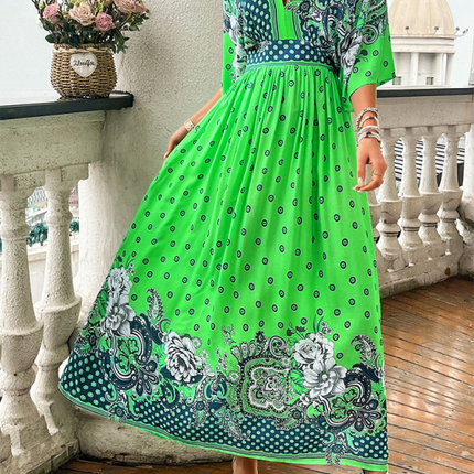 Spring and summer casual holiday printed V-neck long skirt