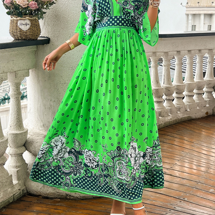 Spring and summer casual holiday printed V-neck long skirt
