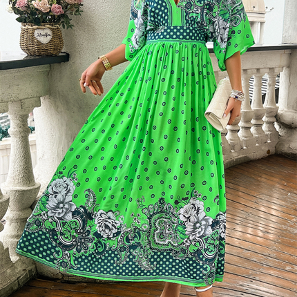 Spring and summer casual holiday printed V-neck long skirt