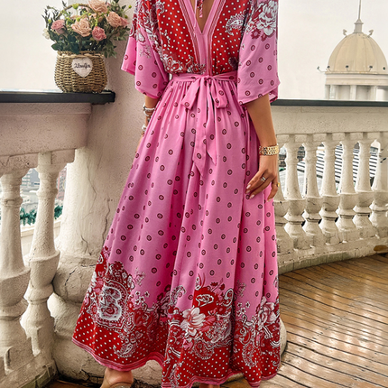 Spring and summer casual holiday printed V-neck long skirt