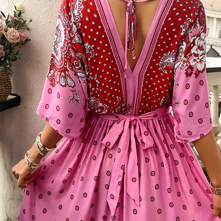 Spring and summer casual holiday printed V-neck long skirt