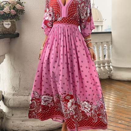 Spring and summer casual holiday printed V-neck long skirt