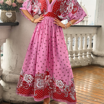 Spring and summer casual holiday printed V-neck long skirt