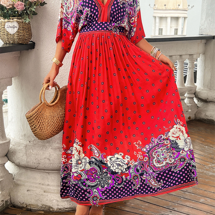 Spring and summer casual holiday printed V-neck long skirt