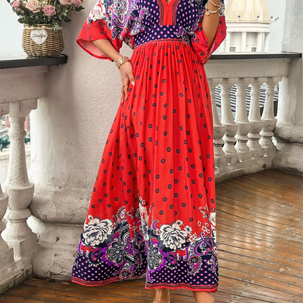 Spring and summer casual holiday printed V-neck long skirt
