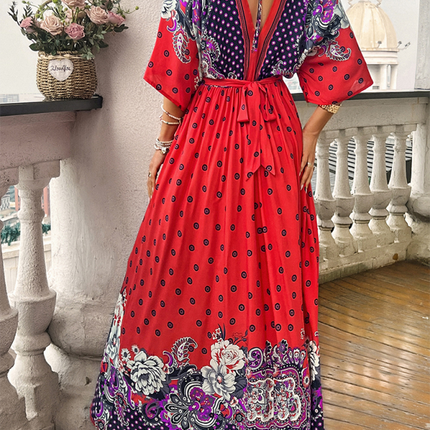 Spring and summer casual holiday printed V-neck long skirt