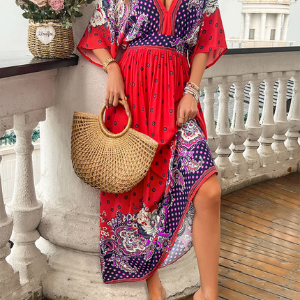Spring and summer casual holiday printed V-neck long skirt