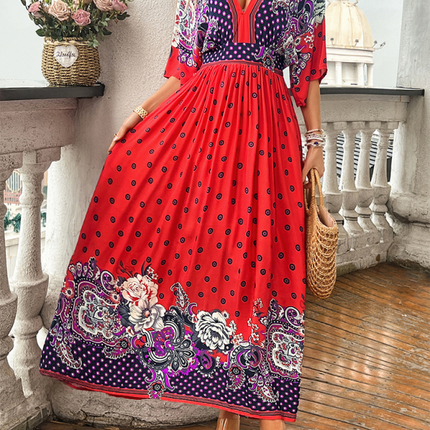 Spring and summer casual holiday printed V-neck long skirt