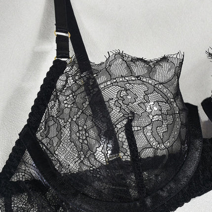 Eyelash lace sexy elegant lingerie set 3 pieces