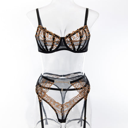 Lace transparent gold embroidery sexy hot girl underwear set