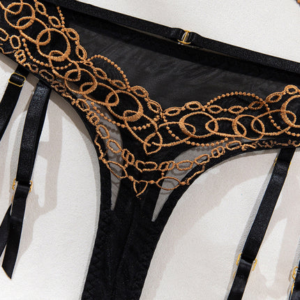 Lace transparent gold embroidery sexy hot girl underwear set