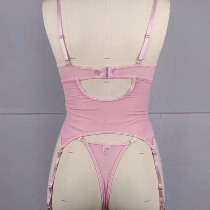 Embroidered flower playful waist strap sexy pink erotic lingerie set