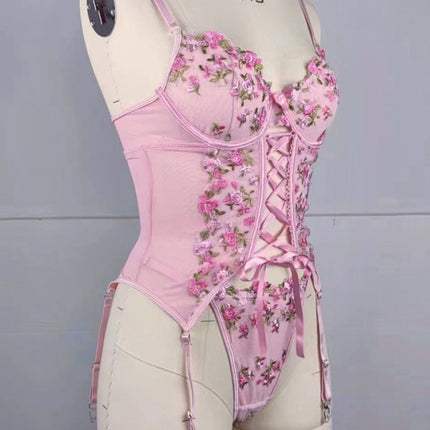 Embroidered flower playful waist strap sexy pink erotic lingerie set