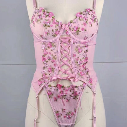 Embroidered flower playful waist strap sexy pink erotic lingerie set