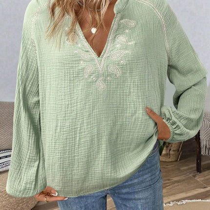 Ethnic style casual V-neck embroidered cotton top