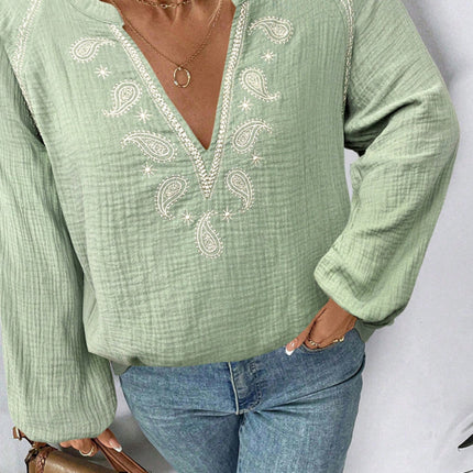 Ethnic style casual V-neck embroidered cotton top