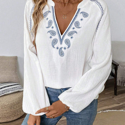 Ethnic style casual V-neck embroidered cotton top
