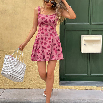 Floral halter square neck short dress