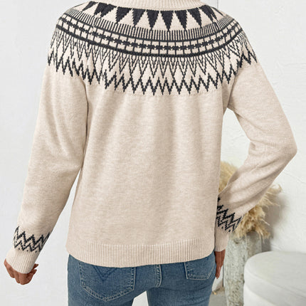 Ethnic style round neck pullover sweater Fair Isle vintage knitted sweater