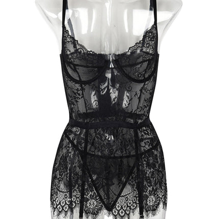Thin lace see-through nightgown with irregular hem sexy erotic set