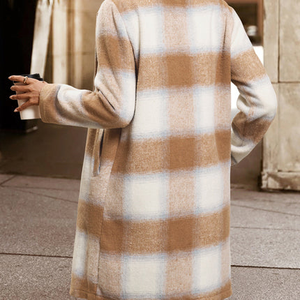 Casual retro style mid-length double-breasted suit collar brushed plaid jacket