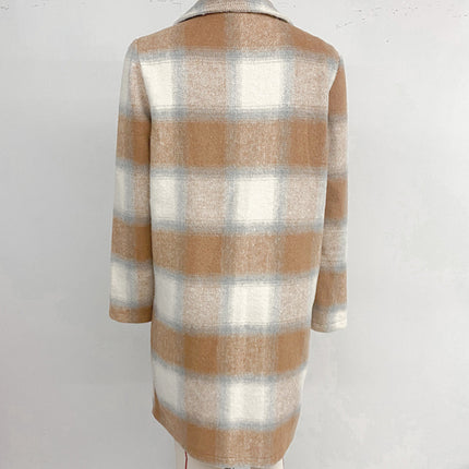 Casual retro style mid-length double-breasted suit collar brushed plaid jacket