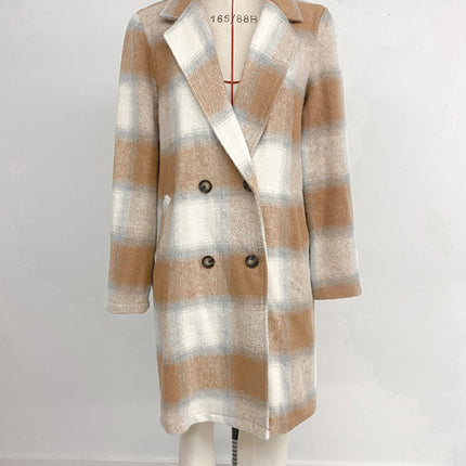 Casual retro style mid-length double-breasted suit collar brushed plaid jacket