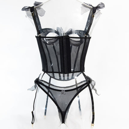 Sexy and comfortable see-through bow tie fishbone bra hot girl two-piece set