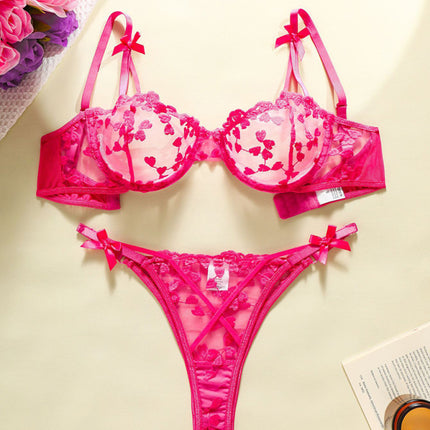 Heart-embroidered mesh see-through bow sexy lingerie two-piece set