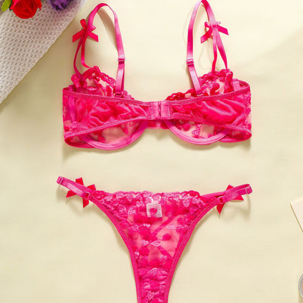 Heart-embroidered mesh see-through bow sexy lingerie two-piece set