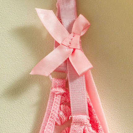 Heart-embroidered mesh see-through bow sexy lingerie two-piece set