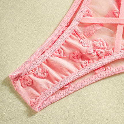 Heart-embroidered mesh see-through bow sexy lingerie two-piece set