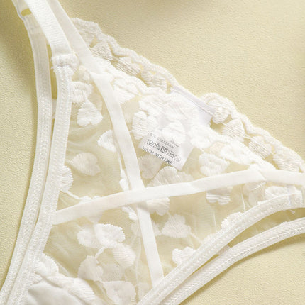 Heart-embroidered mesh see-through bow sexy lingerie two-piece set