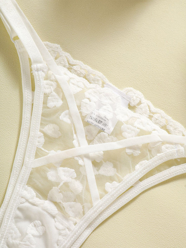 Heart-embroidered mesh see-through bow sexy lingerie two-piece set