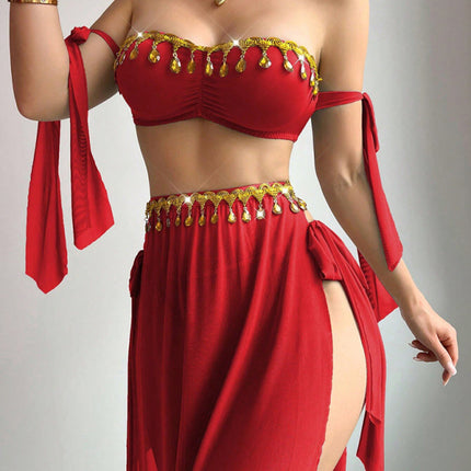 Sexy Mesh Gold Leaf Tassel Bra with High Slit Long Skirt Lingerie Set