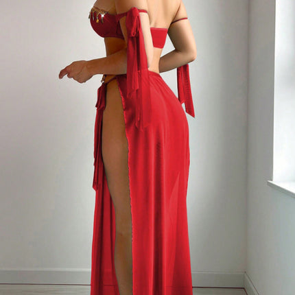 Sexy Mesh Gold Leaf Tassel Bra with High Slit Long Skirt Lingerie Set