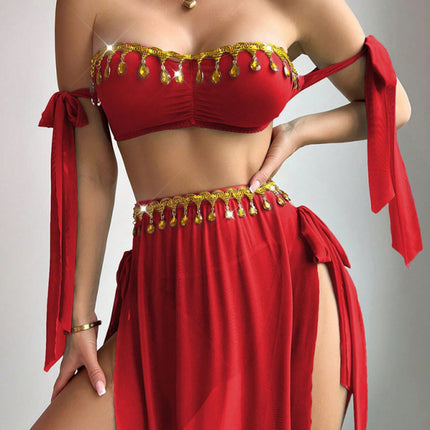 Sexy Mesh Gold Leaf Tassel Bra with High Slit Long Skirt Lingerie Set