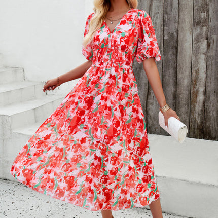 Elegant printed waist V-neck long dress