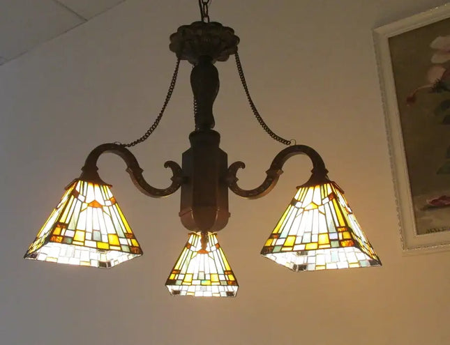 "PROGRESSIVE" Tiffany-style Mission 3 Light Mini Chandelier 22" Wide