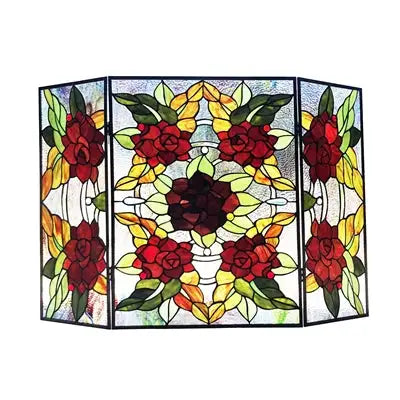 CANNA Tiffany-Style 3pcs Folding Floral Stained Glass Fireplace Screen