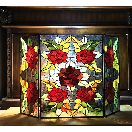 CANNA Tiffany-Style 3pcs Folding Floral Stained Glass Fireplace Screen