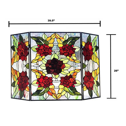 CANNA Tiffany-Style 3pcs Folding Floral Stained Glass Fireplace Screen