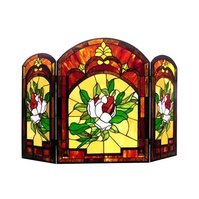 "IGGY" Tiffany-glass Floral Design 3pcs Folding Fireplace Screen